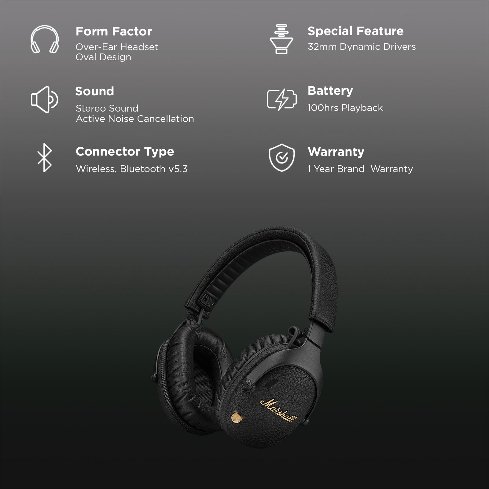 Buy Marshall Monitor 3 Bluetooth Headphone with Mic (Active Noise